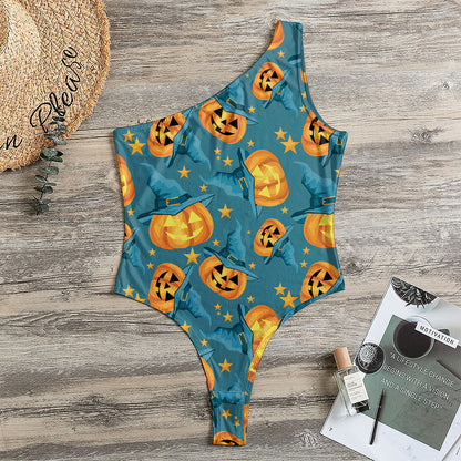Pumpkin With Witch Hat Pattern Print One Shoulder Bodysuit