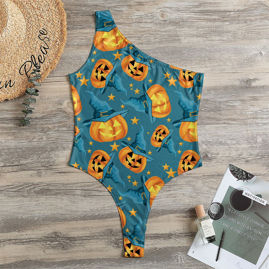 Pumpkin With Witch Hat Pattern Print One Shoulder Bodysuit