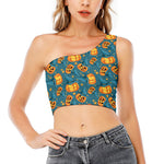 Pumpkin With Witch Hat Pattern Print One Shoulder Crop Top