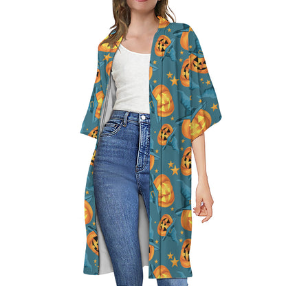 Pumpkin With Witch Hat Pattern Print Open Front Beach Cover Up