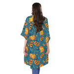 Pumpkin With Witch Hat Pattern Print Open Front Beach Cover Up