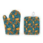 Pumpkin With Witch Hat Pattern Print Oven Mitt And Pot Holder Set