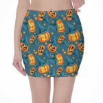 Pumpkin With Witch Hat Pattern Print Pencil Mini Skirt
