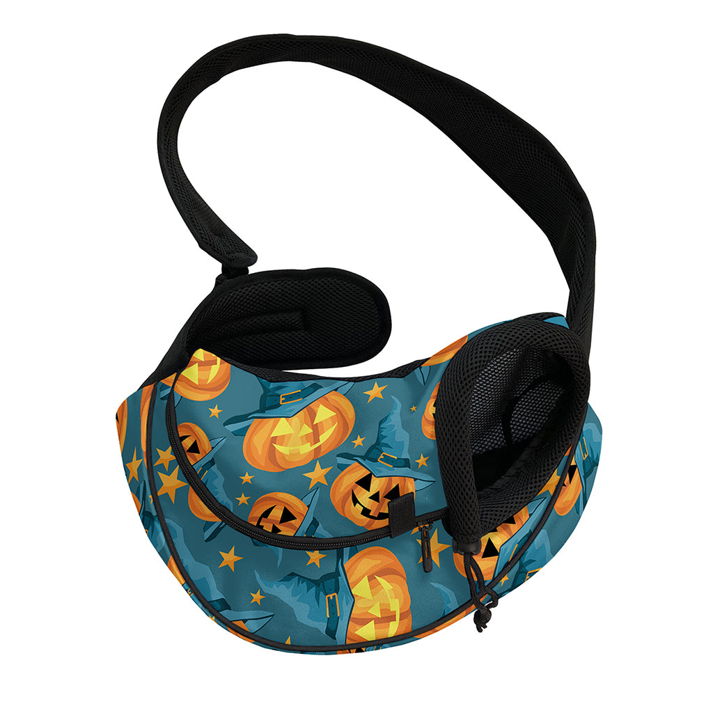 Pumpkin With Witch Hat Pattern Print Pet Sling Carrier
