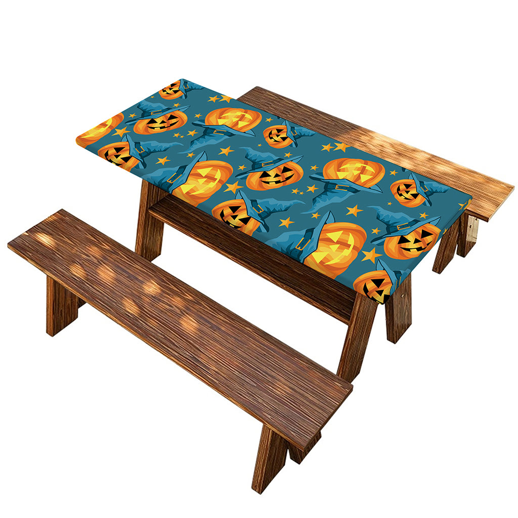 Pumpkin With Witch Hat Pattern Print Picnic Table Cover