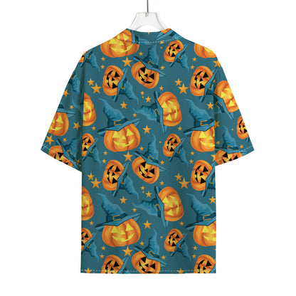 Pumpkin With Witch Hat Pattern Print Rayon Hawaiian Shirt