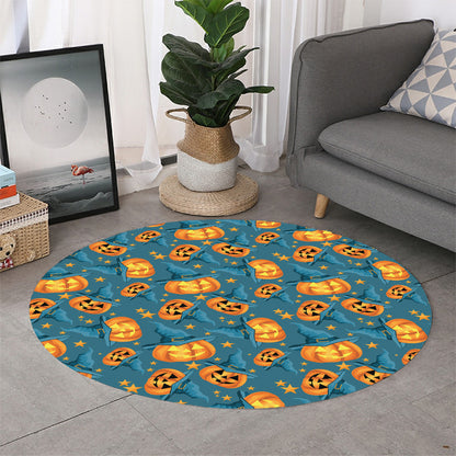 Pumpkin With Witch Hat Pattern Print Round Rug