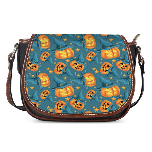 Pumpkin With Witch Hat Pattern Print Saddle Bag