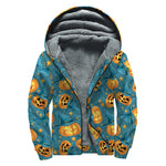 Pumpkin With Witch Hat Pattern Print Sherpa Lined Zip Up Hoodie