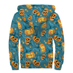 Pumpkin With Witch Hat Pattern Print Sherpa Lined Zip Up Hoodie