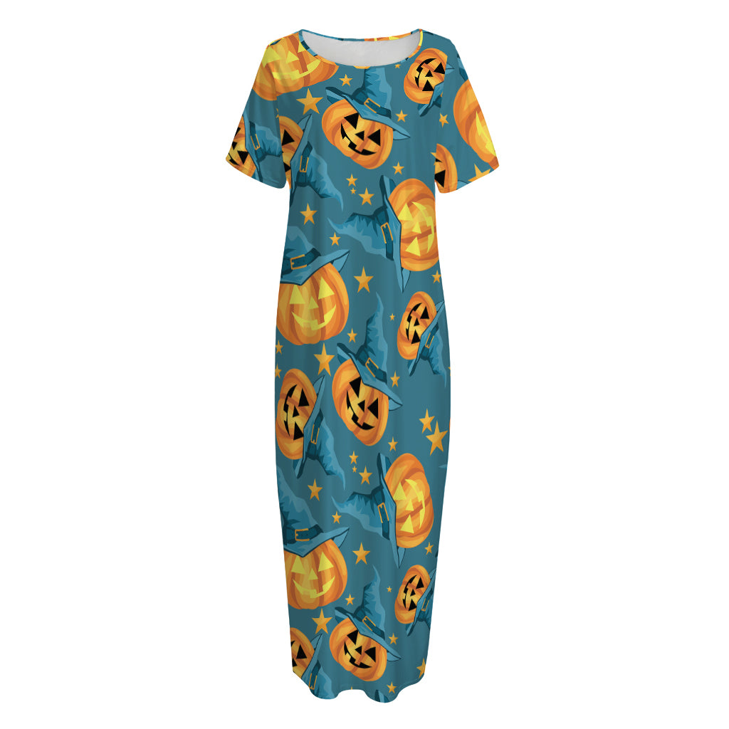 Pumpkin With Witch Hat Pattern Print Short Sleeve Long Nightdress