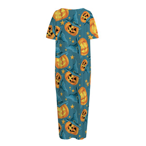 Pumpkin With Witch Hat Pattern Print Short Sleeve Long Nightdress