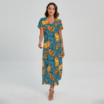 Pumpkin With Witch Hat Pattern Print Short Sleeve Maxi Dress