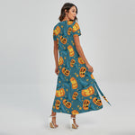 Pumpkin With Witch Hat Pattern Print Short Sleeve Maxi Dress