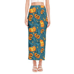 Pumpkin With Witch Hat Pattern Print Side Slit Maxi Skirt