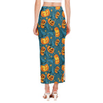 Pumpkin With Witch Hat Pattern Print Side Slit Maxi Skirt