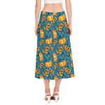 Pumpkin With Witch Hat Pattern Print Side Slit Midi Skirt