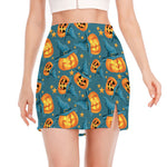 Pumpkin With Witch Hat Pattern Print Side Slit Mini Skirt