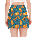 Pumpkin With Witch Hat Pattern Print Side Slit Mini Skirt