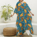 Pumpkin With Witch Hat Pattern Print Silk V-Neck Kaftan Dress
