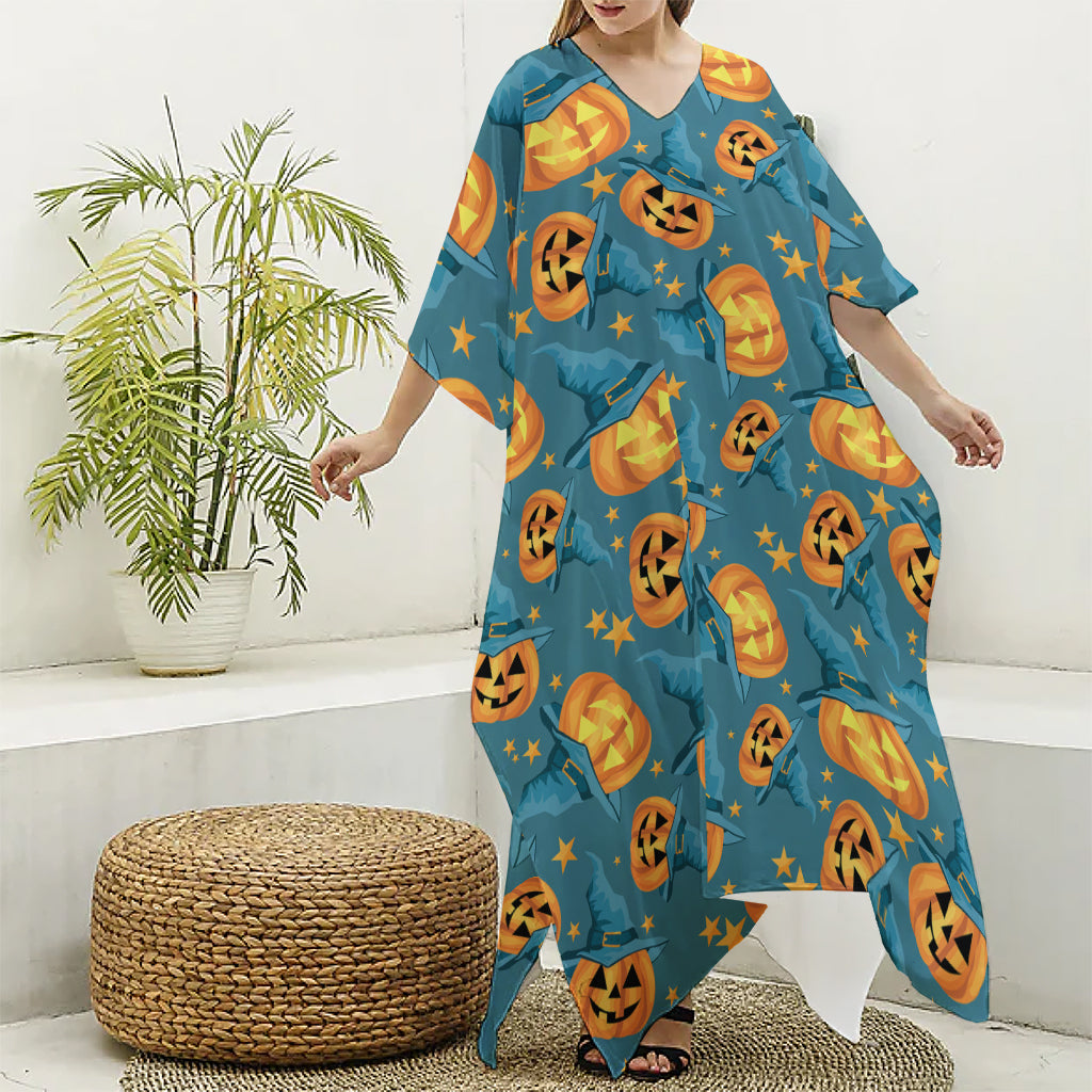 Pumpkin With Witch Hat Pattern Print Silk V-Neck Kaftan Dress