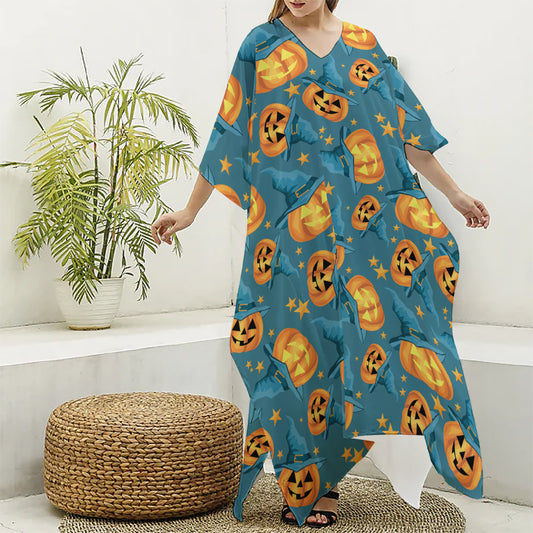 Pumpkin With Witch Hat Pattern Print Silk V-Neck Kaftan Dress