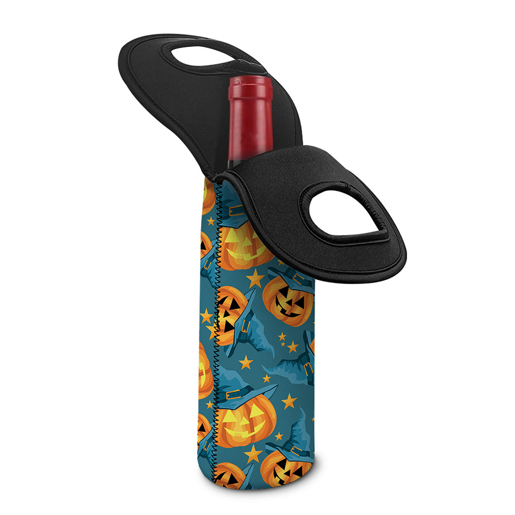 Pumpkin With Witch Hat Pattern Print Single Neoprene Wine Tote