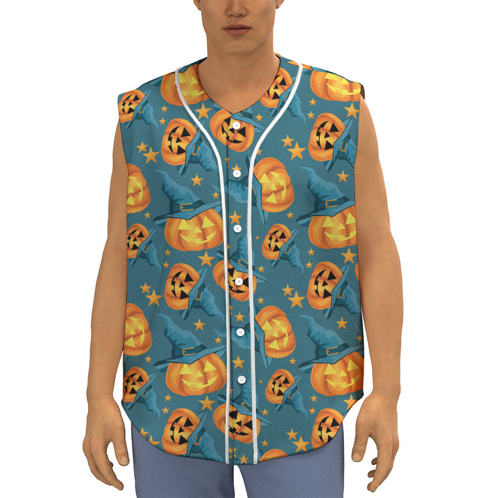 Pumpkin With Witch Hat Pattern Print Sleeveless Baseball Jersey