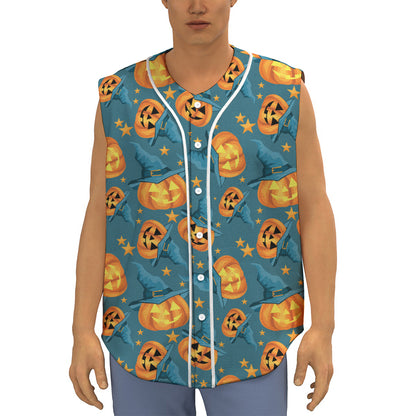 Pumpkin With Witch Hat Pattern Print Sleeveless Baseball Jersey