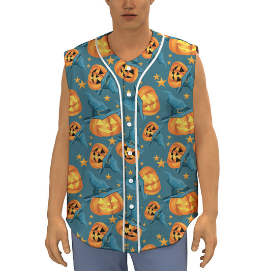 Pumpkin With Witch Hat Pattern Print Sleeveless Baseball Jersey