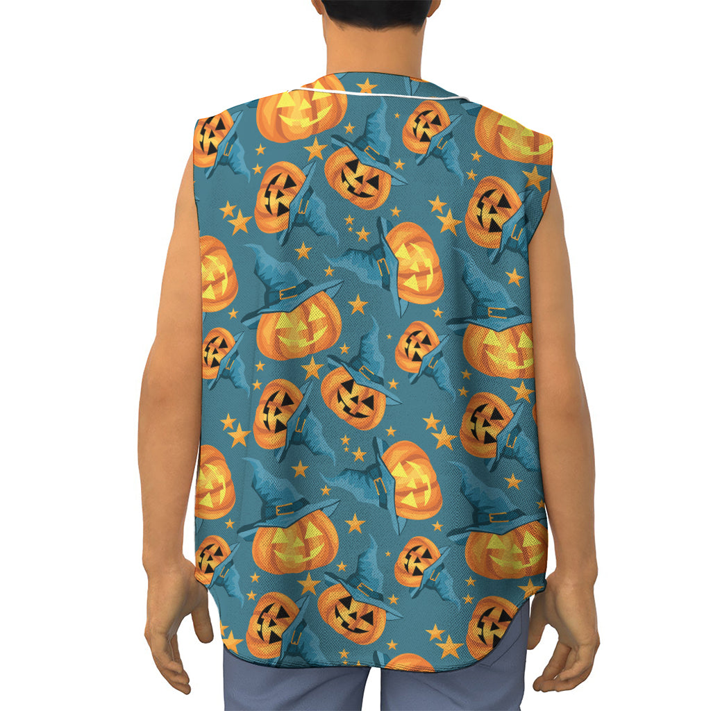 Pumpkin With Witch Hat Pattern Print Sleeveless Baseball Jersey