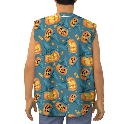 Pumpkin With Witch Hat Pattern Print Sleeveless Baseball Jersey