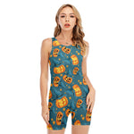 Pumpkin With Witch Hat Pattern Print Sleeveless One Piece Swimsuit