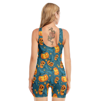Pumpkin With Witch Hat Pattern Print Sleeveless One Piece Swimsuit