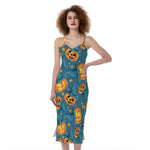 Pumpkin With Witch Hat Pattern Print Slim Fit Midi Cami Dress