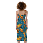 Pumpkin With Witch Hat Pattern Print Slim Fit Midi Cami Dress