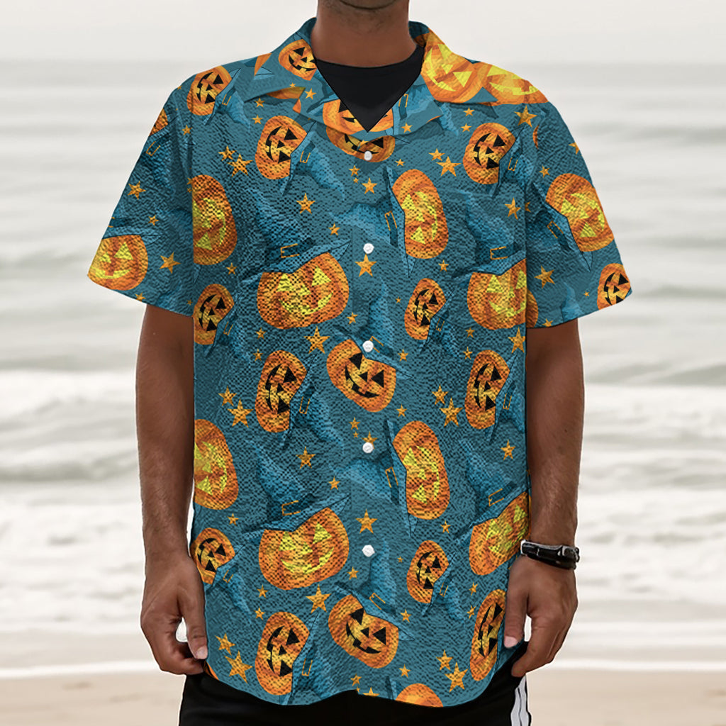 Pumpkin With Witch Hat Pattern Print Textured Short Sleeve Shirt