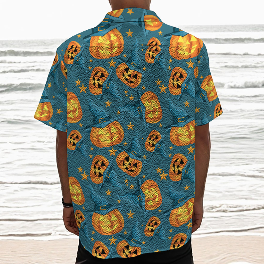 Pumpkin With Witch Hat Pattern Print Textured Short Sleeve Shirt