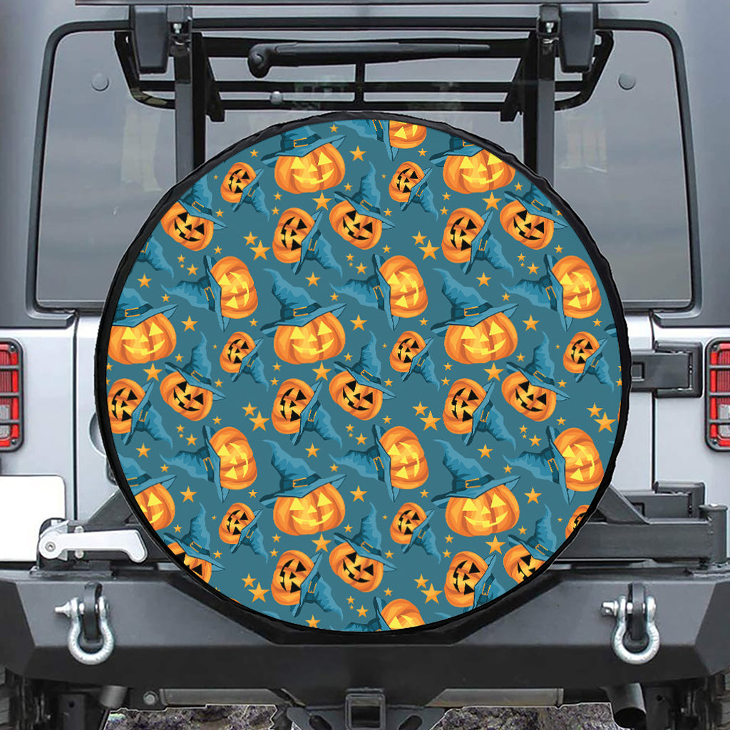 Pumpkin With Witch Hat Pattern Print Tire Cover