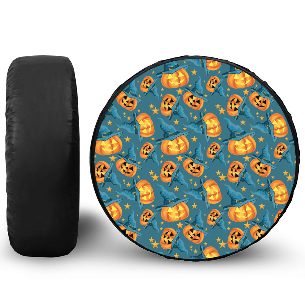 Pumpkin With Witch Hat Pattern Print Tire Cover