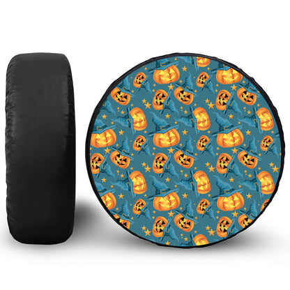 Pumpkin With Witch Hat Pattern Print Tire Cover