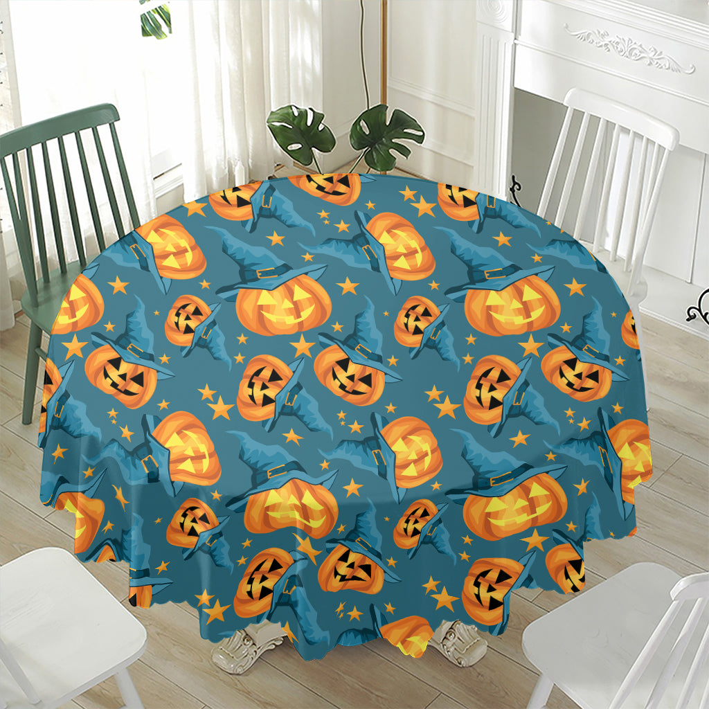 Pumpkin With Witch Hat Pattern Print Waterproof Round Tablecloth
