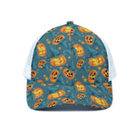 Pumpkin With Witch Hat Pattern Print White Mesh Trucker Cap
