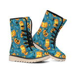 Pumpkin With Witch Hat Pattern Print Winter Boots