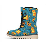 Pumpkin With Witch Hat Pattern Print Winter Boots