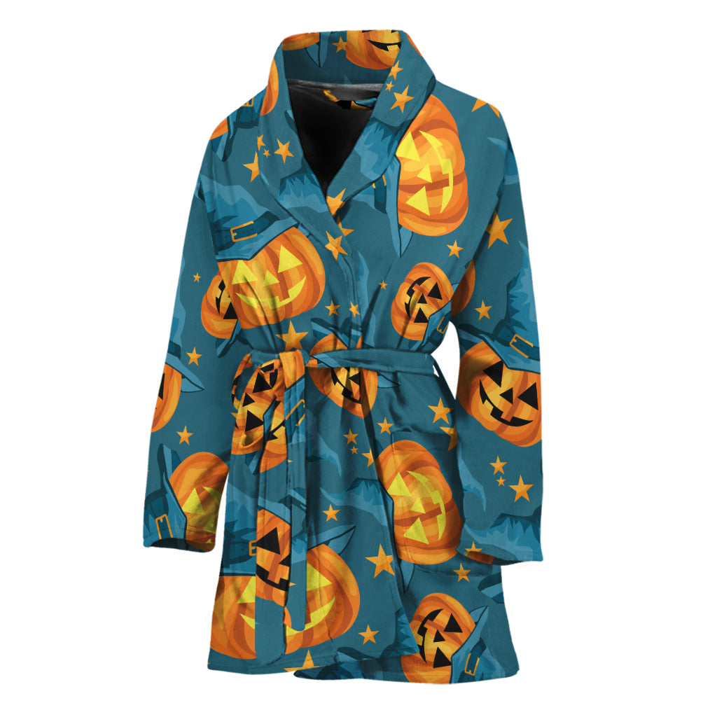 Pumpkin With Witch Hat Pattern Print Women's Bathrobe