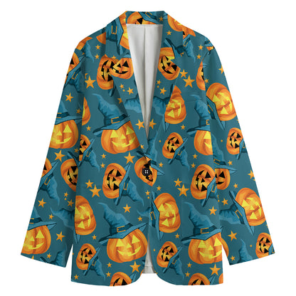 Pumpkin With Witch Hat Pattern Print Women's Blazer