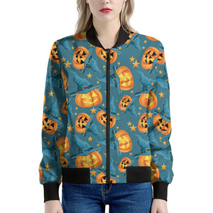 Pumpkin With Witch Hat Pattern Print Women's Bomber Jacket