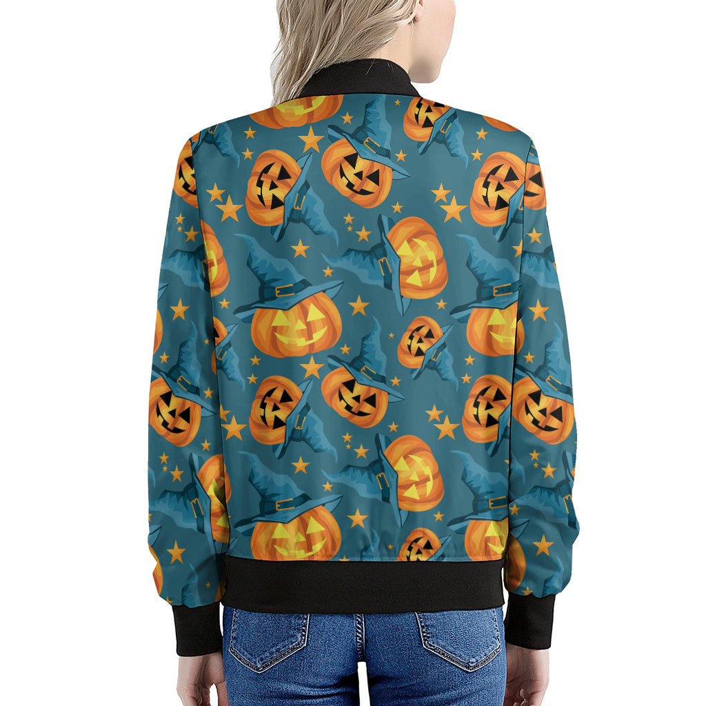 Pumpkin With Witch Hat Pattern Print Women's Bomber Jacket