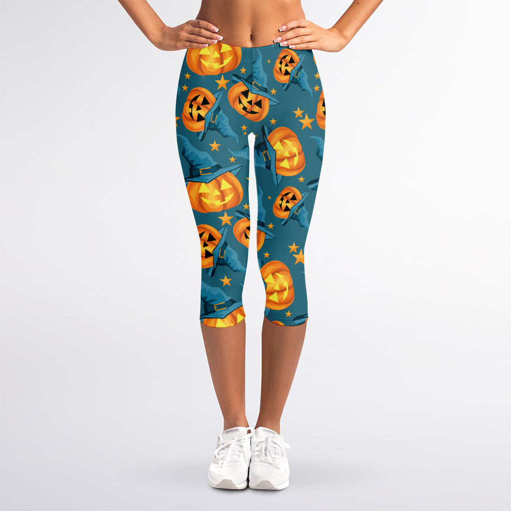 Pumpkin With Witch Hat Pattern Print Women's Capri Leggings